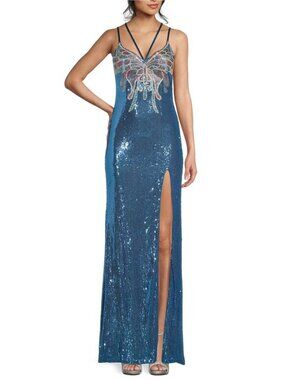 Share Dear Moon Sequin Butterfly Applique V-Neck Lace Up Back Cutout Gown size 7